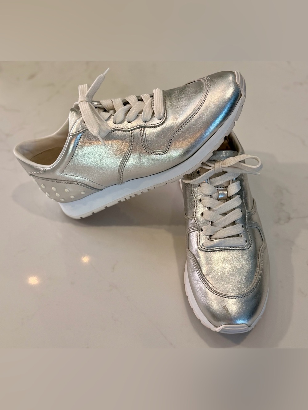 Tod's Silver Metallic Leather Allaciata Studded Sneakers. Size 40EU/10US